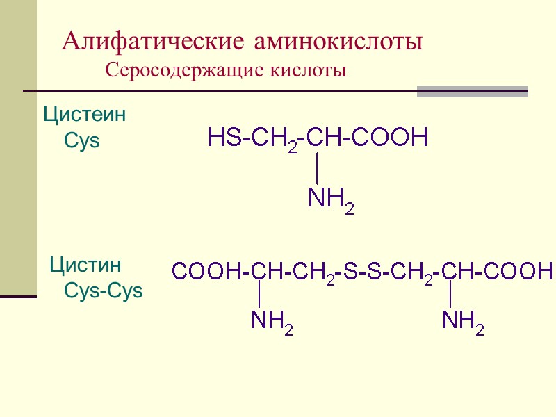 Алифатические аминокислоты Серосодержащие кислоты Цистеин         
